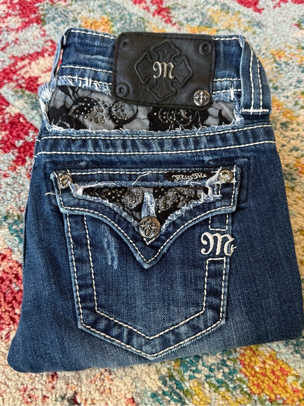 Miss Me Rhinestone Embroidered Lace Flap Pockets Pocket Bootcut Jeans